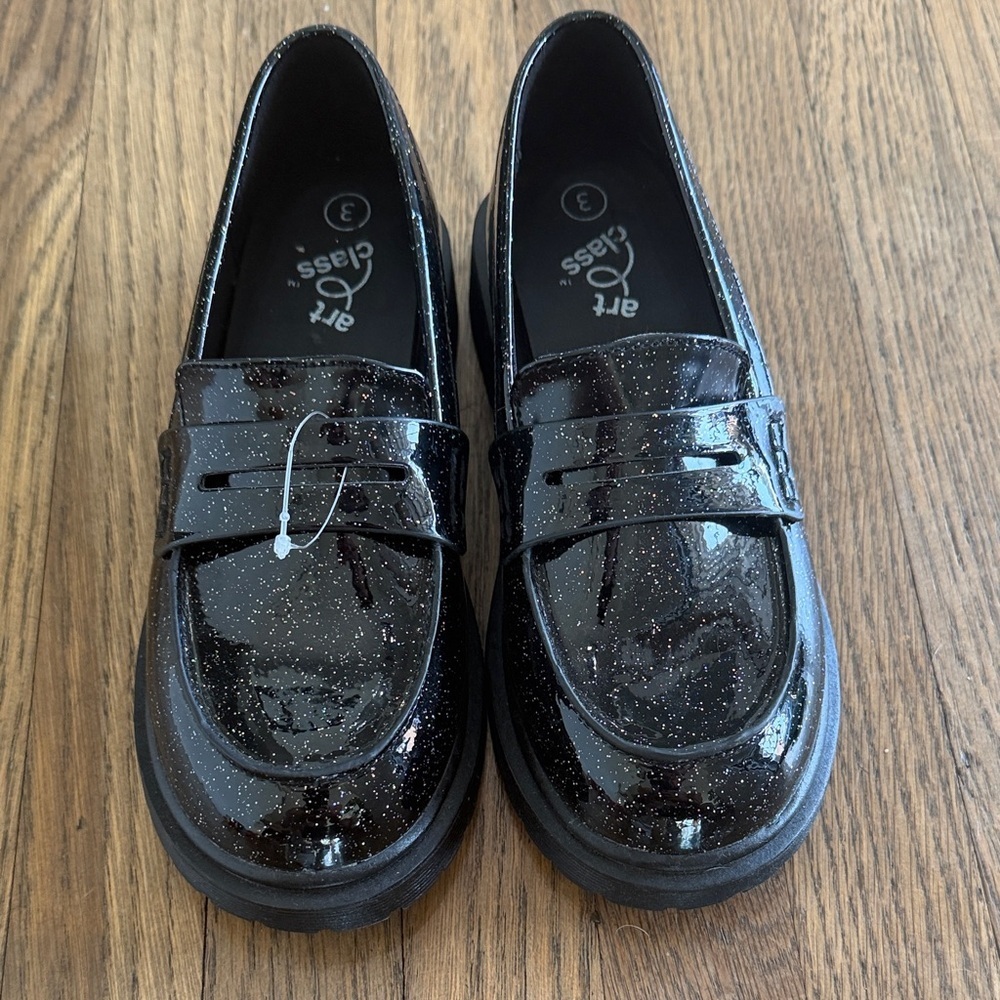 art class Black Glitter Penny Loafers for Kids - Sparkle Finish size 3